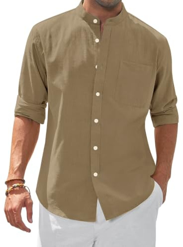 siliteelon Leinenhemd Herren Hemd Langarm Stehkragen Baumwolle Leinen Hemd Regular Fit Sommer Freizeithemden Business Formell Party Club Strand Shirt