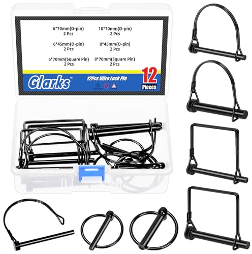 Glarks 12pcs 6/8/10mm 1/4in 5/16in 3/8in Lynch Pins and Square & Arch Shapes Wire Lock Pins Set, 3 Styles Hitch PTO Pins, Towing PTO Shaft Hitch Pins, Wire Lock Trailers Pins for Mechanics, Cars