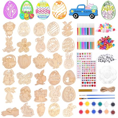 293PCS Holzanhänger Ostern Bemalen,Ostern Basteln Holz Kinder,DIY Anhänger Ostern,Bastelset Ostern Kinder,Ostereier Hasen Huhn Anhänger Set mit Aquarellstift,Schnur,Pinsel Pigmente Palette (Braun A)