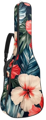 KengjuTesu 43 Zoll Akustikgitarre Softcase mit Rucksackgurt und 2 Taschen Rote Hibiskusblüten ohne Polsterung Rucksack Wasserdicht Oxford Tuch Bassgitarre Gigbag für Konzertgitarre, mehrfarbig,