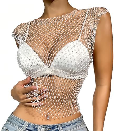 CATOR Tank Top Damen Mesh Crop Top Durchsichtiges Glänzende Netzshirt Fischnetz Strasssteine Cover Up Kristall Sheer Mesh Top Aushöhlen Sparkle Club Wear Sexy Pailletten Netzoberteil -M- weiß