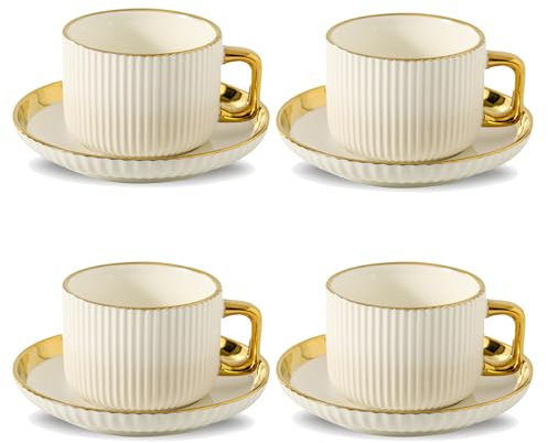 LETAOTAO Tazas de capuchino con platillos, juego de tazas de café de cerámica de 8 onzas con platillos, tazas de café de arte latte con borde dorado, juego de 4 tazas de té británicas/italianas para