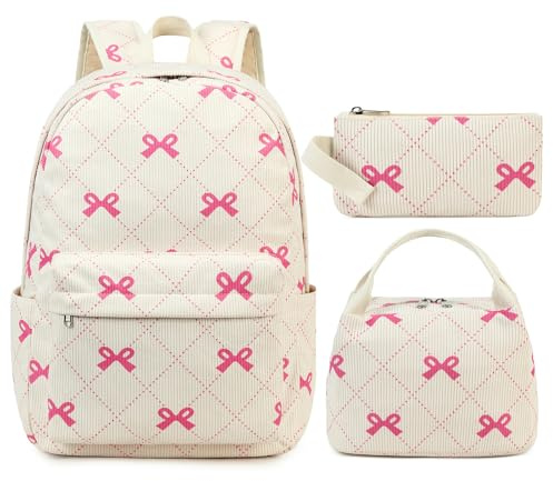 FADOVYE Mochila impermeable para laptop para niñas y mujeres, resistente al agua, mochila escolar universitaria, mochila casual con lonchera y estuche, grande (lazos), Bow Tie, L, Lindo