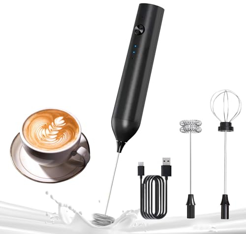 YARRAMATE Electric Milk Frother Wand, Fast Rechargeable Coffee Mixer with 2 Heads 3 Speeds, Handheld Drink Stirrer, Whisk Foam Maker for Lattes, Cappuccino, Matcha, Hot Chocolate (Black)