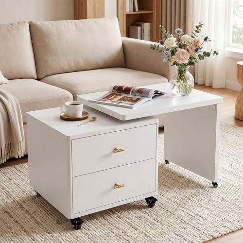 VOWNER 360° Schwenkbarer Couchtisch mit Rollen – 2-in-1 Ausziehbarer Designer-Kaffeetisch mit 2 Schubladen – Mobiler Laptoptisch & Wohnzimmertisch Weiß, Kratzfest & Stabil