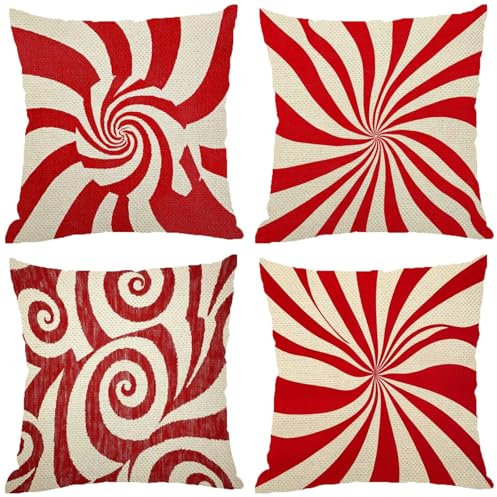 Fodere Cuscini da Esterno Impermeabili, Astratto Federe Cuscini Divano 70x70 Quadrate Set di 4, Doppia Faccia Stampa Lino Cushion Covers Rosso Cerniera Invisibile per Room Decor, Regalo Donna Z-508