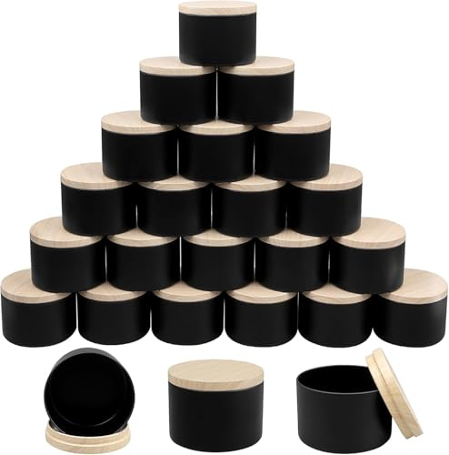 24 Pack Candle Tins, 8 oz/240 ml Empty Candle Jars with Lids Bulk Metal Candle Containers for Making Candles Arts & Crafts Storage and DIY Gifts (Black and Wood Grain)