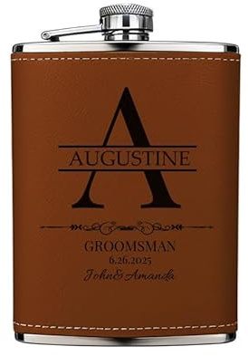 Flasque à Alcool Personnalisée pour Hommes, Cadeaux pour Garçon d'honneur/témoin de Mariage avec Initiales, Flasque à Boire Gravée sur cuir de 8oz (227ml) - Brun