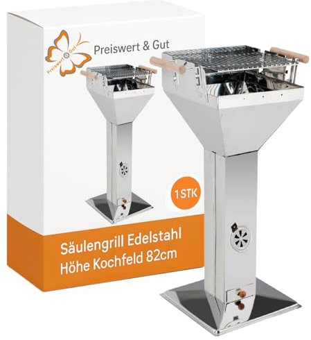 Säulengrill Holzkohle 82 cm Höhe – Holzkohlegrill Edelstahl mit verstellbarem Verchromtem Grillrost 36,5x36,5 cm Standgrill verwendbar als Feuerschale Kohlegrill