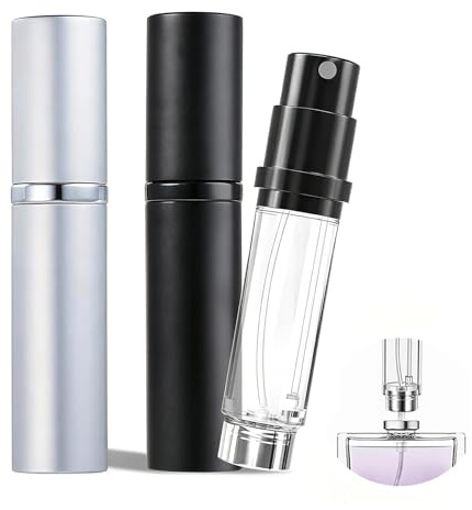 ZIJANG 2 Piezas Atomizador Perfume Negro Plata 5 ml Aluminio | Frasco Pulverizador Recargable Portátil para Viajes y Citas, Diseño Compacto para Llevar Perfume Fácilmente