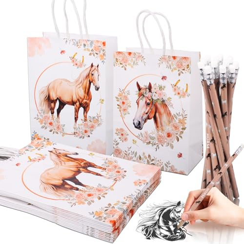 Pferde Geschenktüten Set, Geburtstag Gastgeschenke Tüten 24 Stück | Mit 12 Pferde Party Taschen und 12 Bleistiften, süße Mitgebsel Tüten für Mädchen Kindergeburtstag