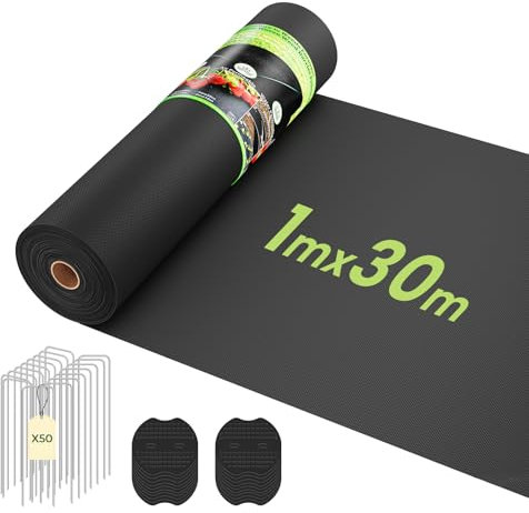 OUNUO Telo Pacciamatura 1m x 30m, 100g/m² Tessuto Non Tessuto Anti Erbacce, con 50 Picchetti a U, Telo Anti Erbacce per Orto, Giardino, Tessuto Permeabile all'Acqu, Stabilizzazione UV, Nero