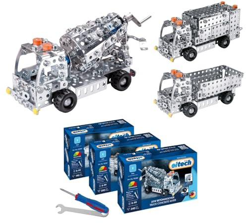Eitech LKW Kipplaster, Betonmischer und Müllauto - Metallbaukasten 3er Set | 800+ Teile, Konstruktionsspielzeug Mädchen Junge 8 9 10 Jahre, Bastelset, Modellauto, Geschenk Kinder, Konstruktionsspielzeug