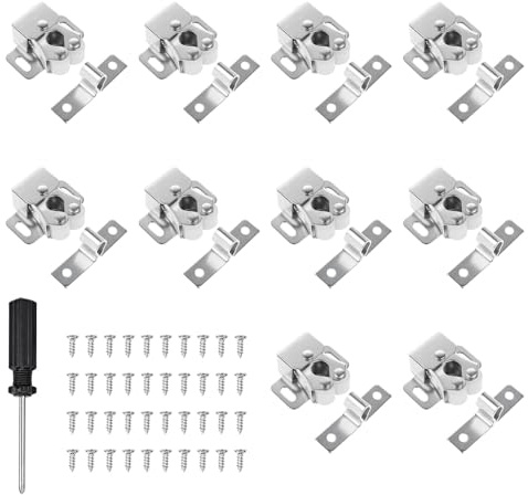 10 Stück MöBelschnäPper, SchranktüR Doppel RollenschnäPper, Schrankverschlüss Mit Schrauben, TüRschnapper Für Schranktüren Schnappverschluss Mit 1 Schwarz 4mm-Kreuzschlitzschraubendreher (Nickelfarbe)