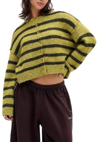 SANSIWU Women's Classic Striped Cardigan Sweaters Long Sleeve Button Down Knitted Coat Y2K Color Block Cropped Knit Cardigans Outwear Jackets (A-Green, M)