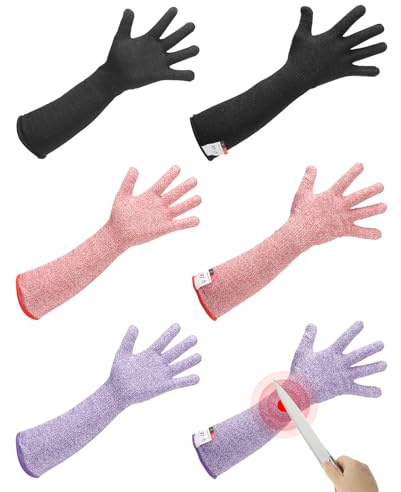 QUARKZMAN Maniche Antitaglio Con Guanti, Protezione Braccio 42cm Maniche HPPE Per Lavoro Agricoltura Giardinaggio Cucina Saldatura, Nero-Rosso-Viola, Confezione Da 3 Paia