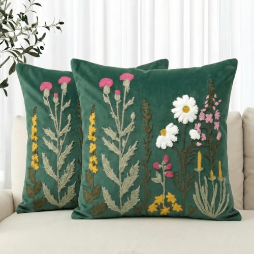 Artoid Mode Green Chain-stitch Flower Christmas Cushion Covers 45x45cm 2PCS | Antique Herbs Spring Decorative Pillow Case Cover Sofa Living Room Decor