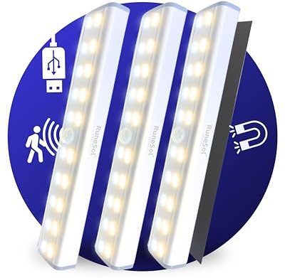 Motion Sensor Under Cupboard Lights, 3 Pack Rechargeable 20 LED Strip Light, Wardrobe Lighting, Rechargeable Battery Operated Lights for Kitchen Cabinets, Sensor Night Light, Bedroom LED Lights