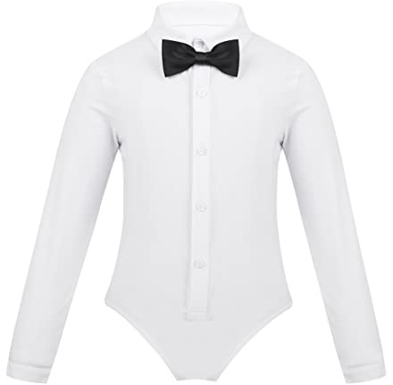 TiaoBug Camicia da Bambino Slim Fit Body da Ballo Latino Costumi da Danza con Cravatta a Farfalla Dancewear Abito per Prestazione Competizione Festa Elegante Nero Bianco Bianco 12 anni