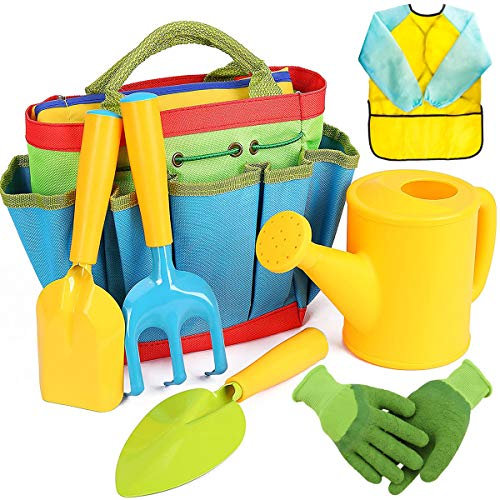 Shinelee 7 Stück Gartenspielzeug für Kinder Gartengeräte Gartenhandschuhe Kinder Garten Werkzeugtasche Gießkanne Schaufel Rechen Spaten Schürze Gartenwerkzeug Set für Jungen Mädchen