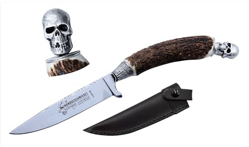 Messer Jagdmesser Skull Totenkopf echt versilbert Hirschhorn Trachtenmesser Jagd Hirschfänger Wild Bock Jagdnicker für Lederhose Biker Jäger Jagd Stahl-Klinge Hirsch, Farbe:Skull Head