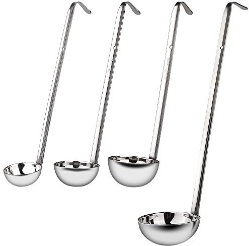 Vegena 4 stück Edelstahl Suppenkelle, Hochwertige Schöpflöffel mit Hakengriff, Suppenlöffel Küchenhelfer Kochutensilien mit Langen Griff, Schöpfkellen, Saucenlöffel, Gießlöffel, Silber