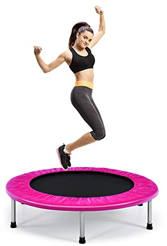 Trampoline Fitness Pliable Ø 97cm, Charge 150 kg, Tapis en PP, 32 Ressorts en Acier, 6 Patins Antidérapants, Trampoline Enfants Adultes Interieur, 360° Protection, Couverture Rembourrée, Rose