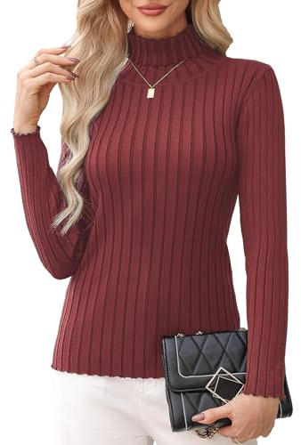 Aottori Jersey Cuello Alto Mujer Casual Suéter de Punto de Manga Larga Clásico Sólido Elástico Invierno Cálido Pullover Jumper Tops Vino Tinto L