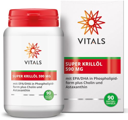 Vitals - Super-Krillöl 590mg 90 Softgel-Kapseln mit EPA/DHA, Cholin und Astaxanthin. Sehr rein, gut resorbierbar. Sehr frisches und reines Krillöl. Hoch resorbierbaren Phospholipidform.