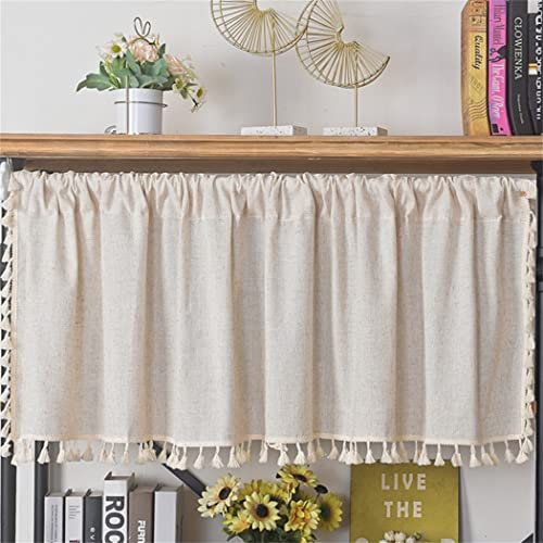 SAYT RLAE Kurze Scheibengardine Bistrogardine Blickdicht Boho Vorhang Leinen Baumwolle Beige Reine Unifarbe Kurzstore Gardinen mit Quasten für Küche Wohnzimmer Schlafzimmer,1 Stück, B150×H60cm