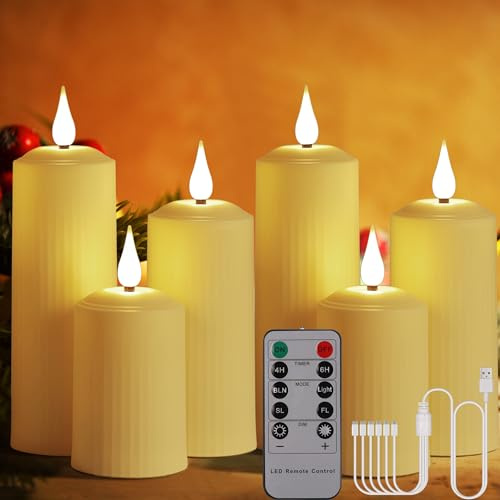 BOWKA 6 Stück LED Kerzen Wiederaufladbar Außenbereich Kerzenlichter mit Fernbedienung Timer Wasserdichte Flackerndes warmweiß Dimmbar Stumpenkerze USB-Kabel für Hause Garten Weihnachten Deko 6stk./set