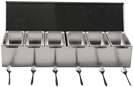 ECUTEE Portacondimenti, Set di 6 Condimento Box Spezia Jar, Sei Scatola di Condimento in Acciaio Inox Estraibili con Coperchio e 6 cucchiai per spezie, sale e zucchero, condimenti, 46x 15cm
