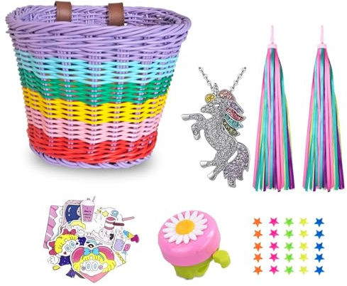 Kids Bike Basket, Wicker Basket, Handlebar Bicycle Basket for Girls with Unicorn Necklace, Bike Bell, Streamers, Stickers Bike Decoration Accessories Set