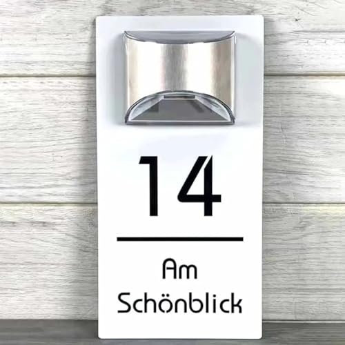 Panneau de porte personnalisé personnalisé avec lumière LED solaire pour adresse résidentielle moderne 3D découpée au laser - Plaque d'adresse extérieure (blanc et noir)