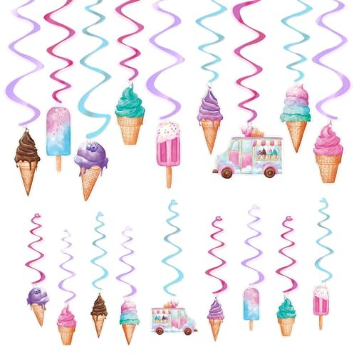 WERNNSAI Ice Cream Hanging Swirls Ice Cream Birthday Party Decorations | 18 PCS Sweet Party Theme Hanging Streamers Ceiling Decorations for Kids Girls Summer Party Decorations Supplies