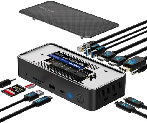 WAVLINK USB C Docking Station 3 Monitores, Estación de Acoplamiento para Portátil con Carcasa SSD M.2 PCIe/SATA a 10Gbps, 4K60Hz 2 HDMI/1 DP, 100 W PD, USB C/USB-A 3.2, SD/TF, RJ45 para Windows