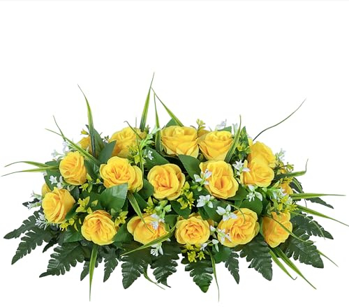 DONODA Cemetery Tombstone Flower Saddle - Outdoor Grave Decorations - Non-Bleed Colors, Rose Combination Flower (Yellow Saddle)