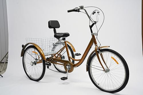 HuKaiL 24 Zoll Dreirad für Erwachsene, 6 Gang Dreiräder mit Korb und Rückenlehne, Höhenverstellbares Dreirädriges für Erwachsene und Senioren zur Freizeitgestaltung, Gold
