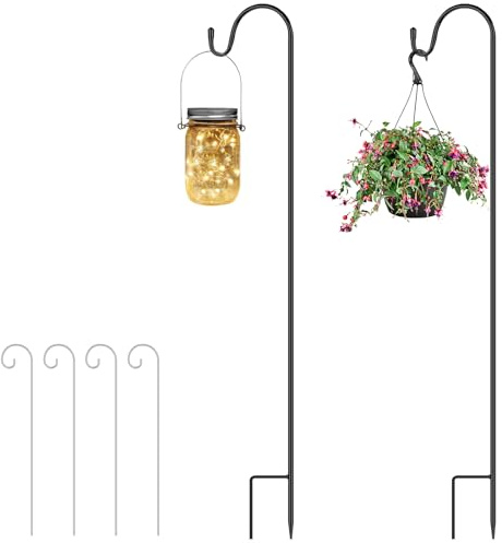 OFFCUP Schäferhaken, 2pcs 100cm Hirtenhaken 4×Pflanzenschild-Metallstangen | Garten Doppelhaken Laternenstab, Metall Gartenstab mit Haken Laternenstab Hirtenbogen-Haken für Vogelkäfige Pflanzkörbe