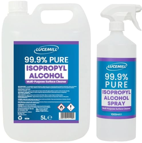 Lucemill 99.9% Isopropyl Alcohol | 5 Litre Jerrycan + 1 Litre Spray Bottle | Super Strength IPA First Aid Antiseptic | 99.9% Isopropyl Alcohol | Clear Liquid