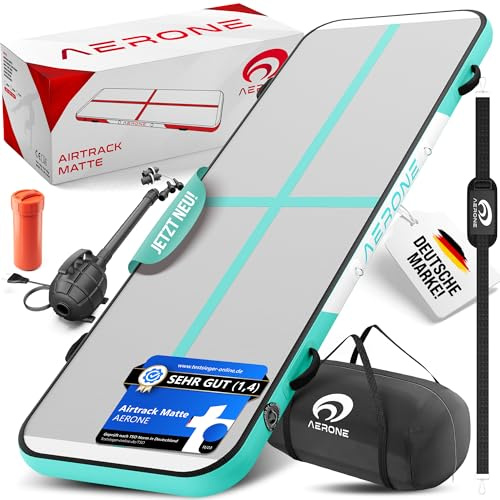 AERONE Airtrack Turnmatte Aufblasbar | Air Tracking Matte 5m [Zubehör Schultergurt Tragetasche Luftpumpe] Air Track für Turnen Gymnastik Zuhause Outdoor Pool | Mint