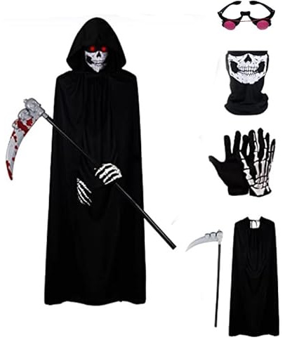 Niceyoeuk Mantello per Halloween, costume per cosplay, per donne, uomini, bambini, triste mietitore, accappatoio horror con occhi rossi luminosi, occhiali, falce, abbigliamento per il viso, guanti,