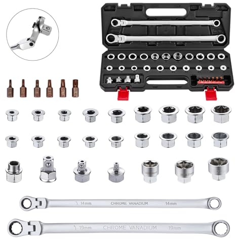 AKM TOOL 33 PCS Flex Head Ratcheting Wrench Set, Metric | 72-Tooth | 8-22mm | Extra Long Double Box End Ratchet Wrench Flex Head Wrench Set with Torx Bit