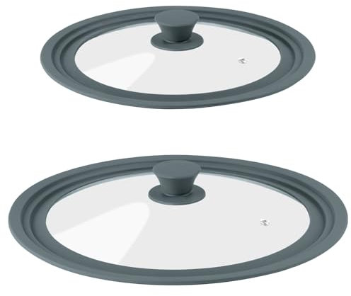 Universal Lid for Pots, Pans, and Skillets - 2 Pack Silicone Replacement Pan Lid Fits 7, 8 9 & 10, 11, 12 Cookware - Tempered Glass Pot Lid Cover for Frying Pans, Cast Iron, CrockPot
