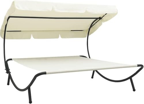 GYDUHYE Rattan-Terrassenmöbel-Set mit Tagesbett und zentralem Hocker, Outdoor-Sofa-Set mit Rattan-Tagesbett, Outdoor-Loungebett mit Baldachin, Cremeweiß