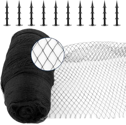 Oungy 4,5 x 10 m dammnät, finmaskigt, svart fågelskyddsnät (20 x 20 mm), väder- och UV-resistent duvnät balkong, fågelnät 19 g/m², nät finmaskigt med 10 markankare, fågelnät fågelskyddsnät