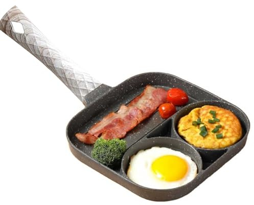 Felenny Egg Frying Pan Omelette Pan, 3-In-1 Divided Nonstick Grill Pans | Pancake Pans with Wood Handle Egg Cooker Suitable for Gas Stove & Induction Cookware