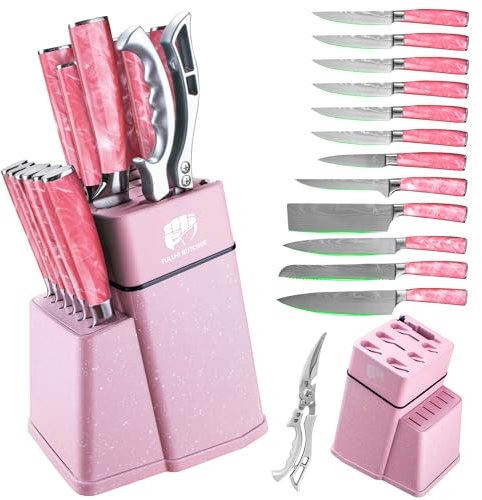 FULLHI Juego de cuchillos de 14 piezas, juego de cuchillos de chef para filetear con portacuchillos y afilador, juego de cuchillos de cocina, mangos multicolores (Resina rosa)