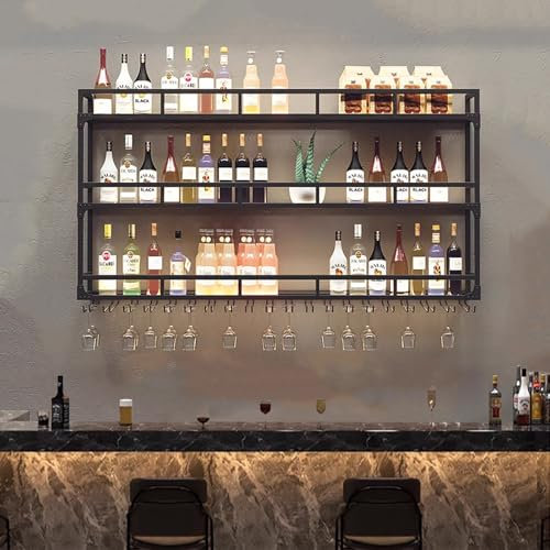 KCGCIHMS Portabottiglie in Metallo da Parete con portabicchieri, mensola da Bar, mensole sospese con portabicchieri sospeso, mensola per Bottiglie di liquore, mensole da Parete, portabottig