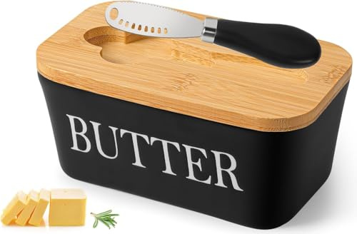 Butterdose mit Holzdeckel, Butterdose Keramik mit Buttermesser, Multifunktion Butterdose Porzellan, Butter Dish, Butterglocke, Butterbox für Haushalt und Küche (Schwarz)